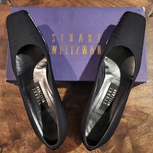 Stuart Weitzman Square Toe Dark Navy Mesh Block Patent Heel 7.5 B